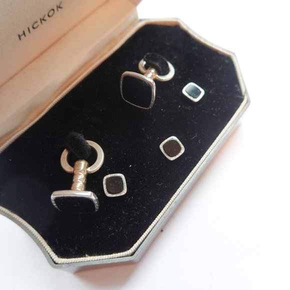 14k Overlay & Platinum Clad Black Onyx Tuxedo Cufflinks Studs - Picture 1 of 3